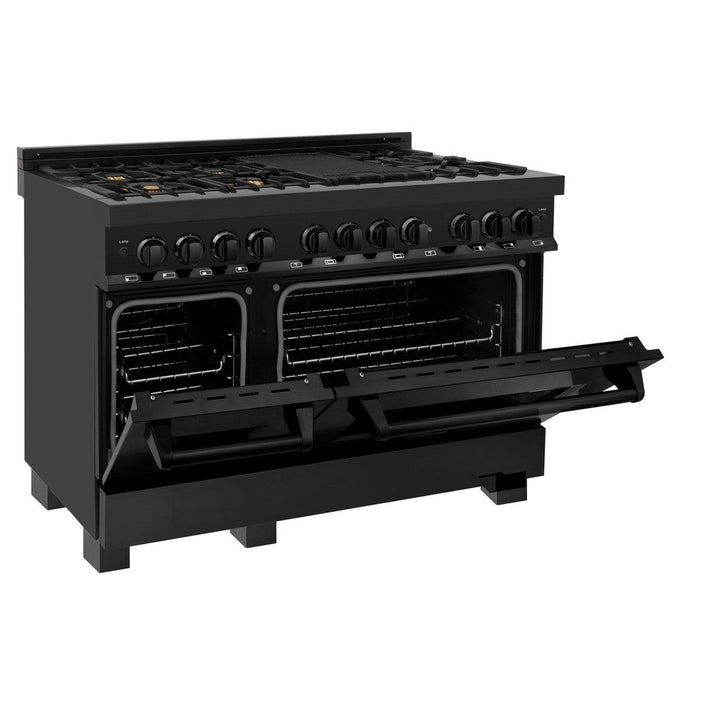 ZLINE Kitchen Package with Black Stainless Steel Refrigerator, 48 in. Dual Fuel Range, Range Hood, and Microwave Drawer (4KPR-RABRH48-MW)