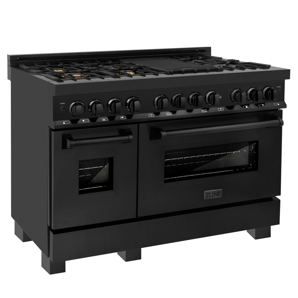 ZLINE Kitchen Package with Black Stainless Steel Refrigerator, 48 in. Dual Fuel Range, Range Hood, and Microwave Drawer (4KPR-RABRH48-MW)