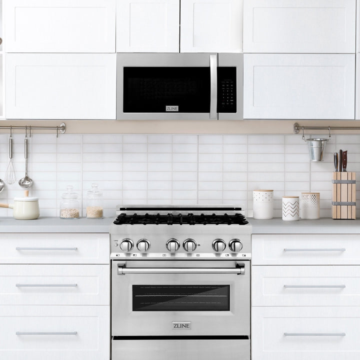 ZLINE 30" 1.5 cu. ft. Over the Range Microwave in Stainless Steel with Modern Handle And Set of 2 Charcoal Filters, MWO-OTRCF-30