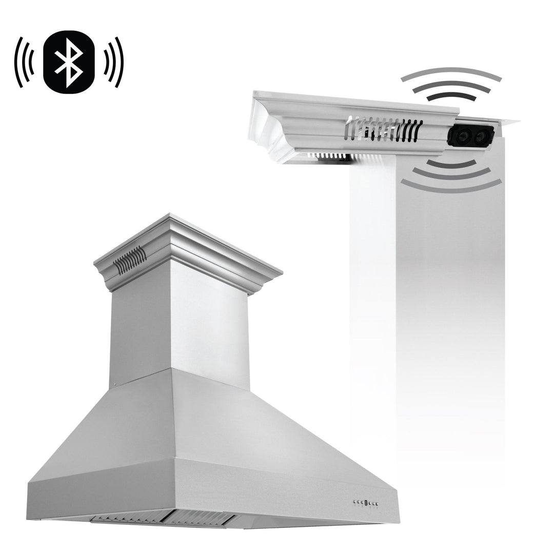 36" ZLINE CrownSoundâ„¢Ducted Vent Wall Mount Range Hood in Stainless Steel with Built-in Bluetooth Speakers (667CRN-BT-36)