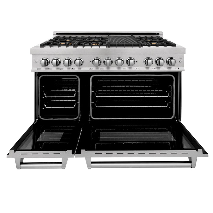 ZLINE 48 in. 6.0 cu. ft. Legacy Dual Fuel Range with Gas Cooktop and 2 Electric Ovens in Satin Stainless Steel with 6 Brass Burners and Griddle (RAS-SN-BR-GR-48)