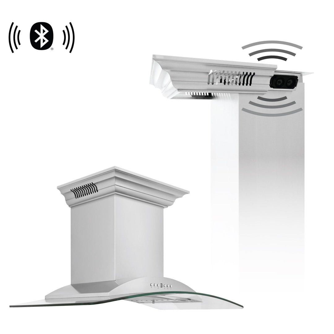 36" ZLINE CrownSoundâ„¢Ducted Vent Wall Mount Range Hood in Stainless Steel with Built-in Bluetooth Speakers (KNCRN-BT-36)