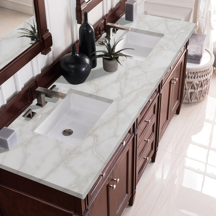 Brittany 72" Double Vanity, Burnished Mahogany w/ 3 CM Victorian Silver Silestone Top w/FreePower Wireless Charger
