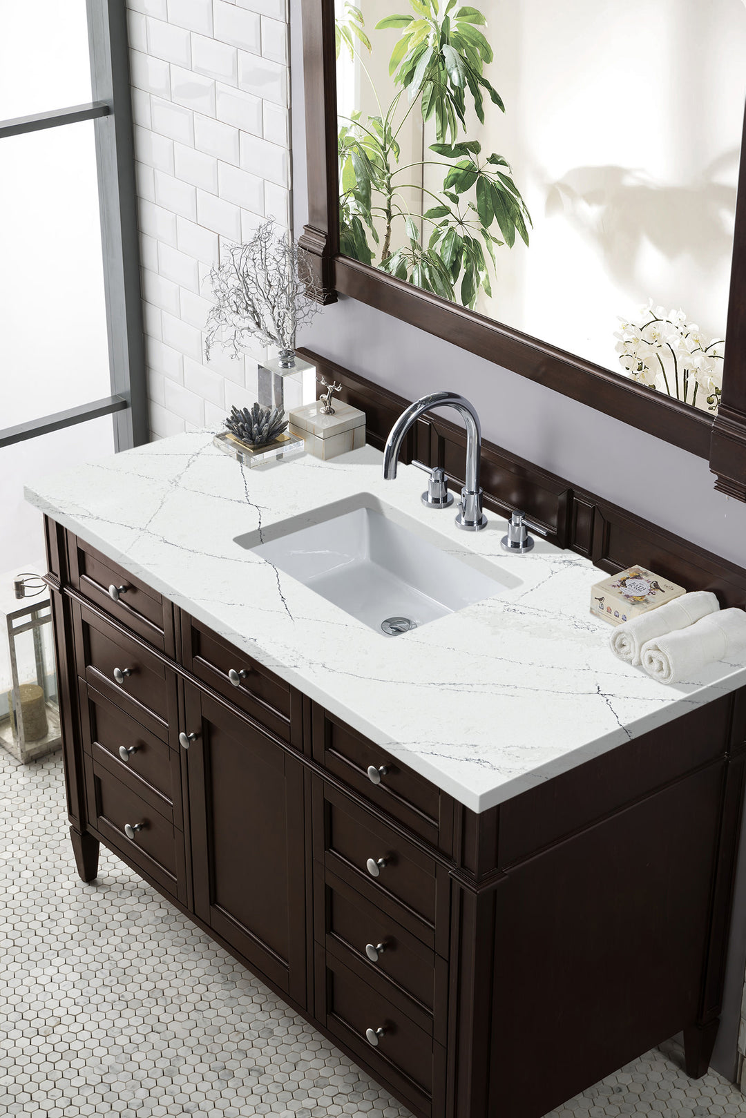 Brittany 48" Single Vanity, Burnished Mahogany w/ 3 CM Ethereal Noctis Silestone Top w/FreePower Wireless Charger