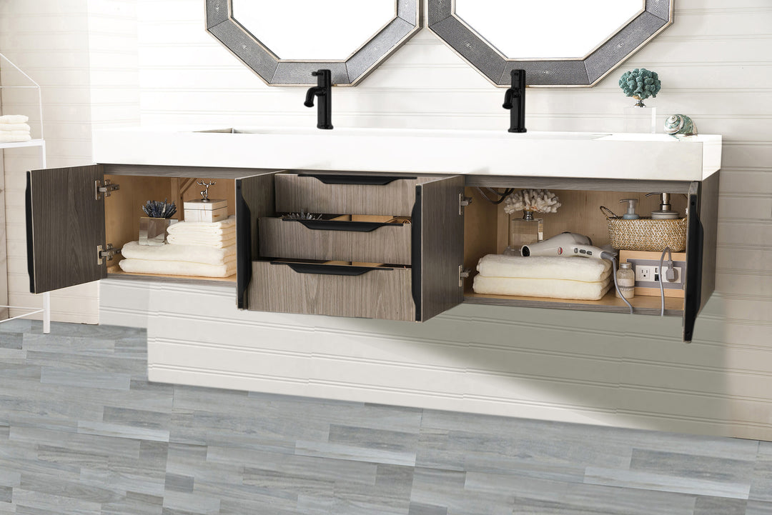 Columbia 72" Double Wall Mount Vanity, Ash Gray, Matte Black w/ Glossy White Composite Stone Top