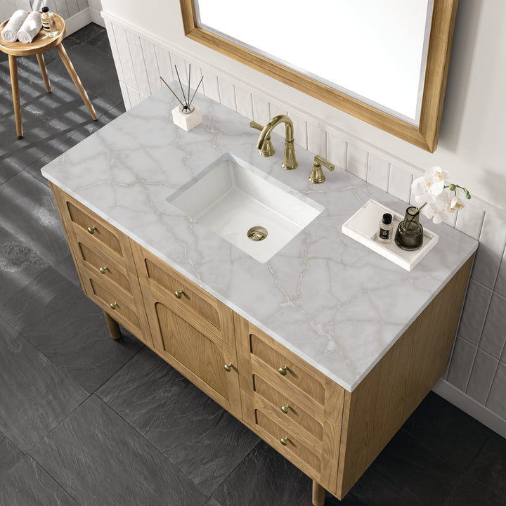 Laurent 48" Single Vanity, Light Natural Oak w/ 3 CM Victorian Silver Top w/FreePower Wireless Charger