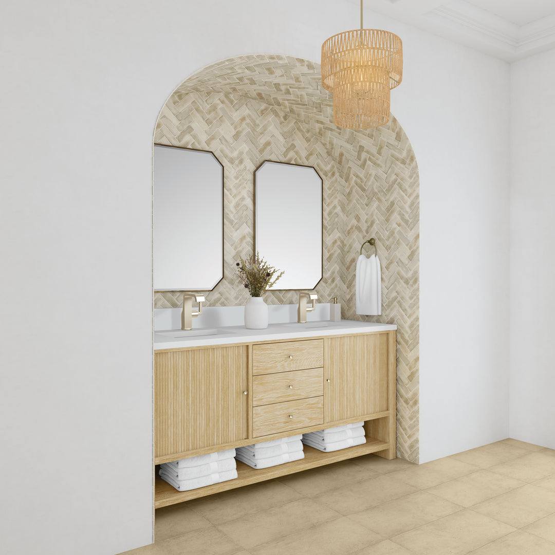 Marigot 72" Double Vanity, Sunwashed Oak w/ Hole 3 CM White Zeus Silestone Top & Backsplash