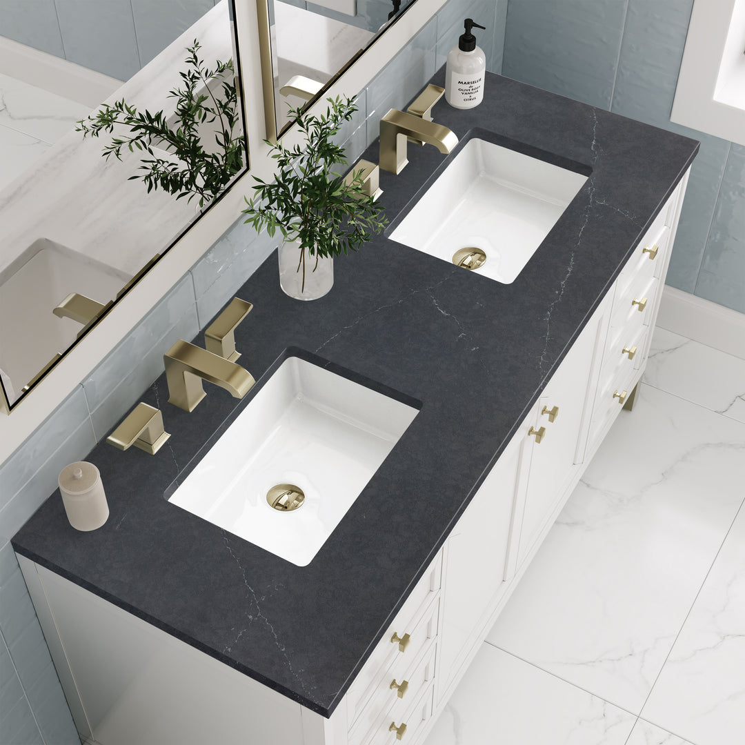 Chicago 60" Double Vanity, Glossy White, w/ 3 CM Charcoal Soapstone Silestone® Top