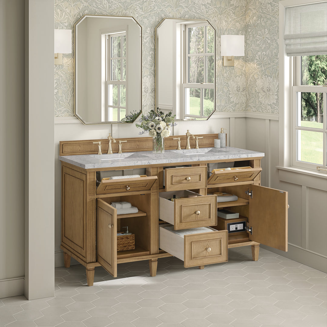 Lorelai 60" Double Vanity, Light Natural Oak w/ 3 CM Eternal Jasmine Pearl Silestone Top w/FreePower Wireless Charger