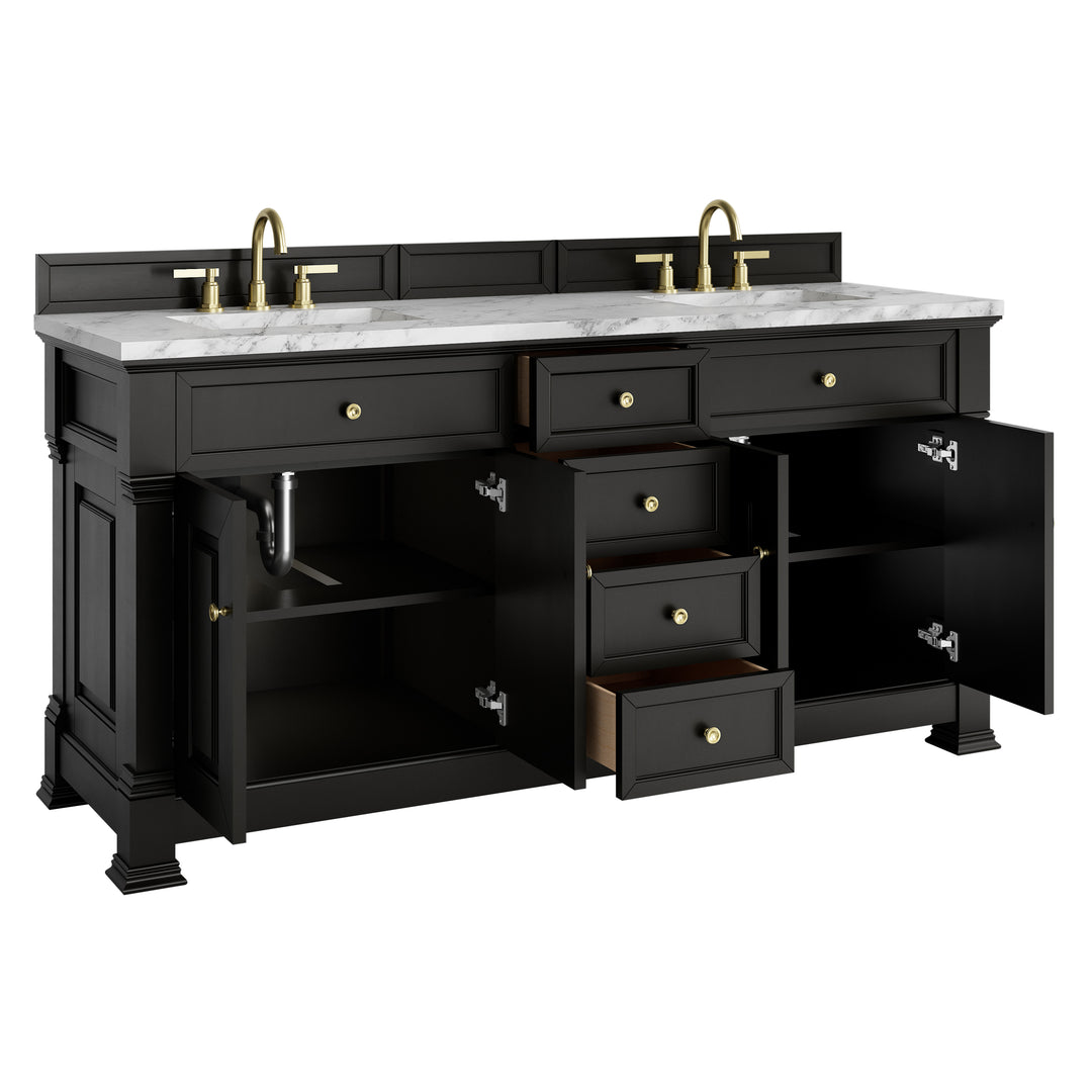 Brookfield 72" Double Vanity, Black Onyx w/3 CM Carrara White Marble Top