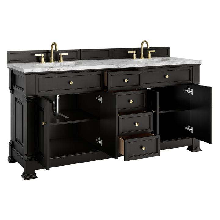 Brookfield 72" Double Vanity, Black Onyx w/3 CM Carrara White Marble Top