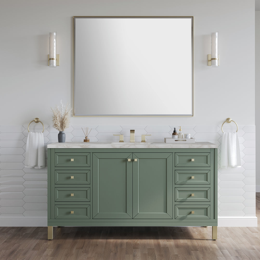 Chicago 60" Single Vanity, Smokey Celadon, w/ 3 CM Victorian Silver Silestone Top w/ FreePower Wireless Charger