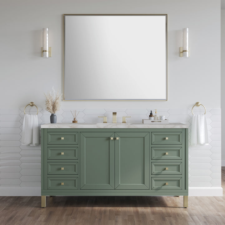 Chicago 60" Single Vanity, Smokey Celadon, w/ 3 CM Victorian Silver Silestone Top w/ FreePower Wireless Charger
