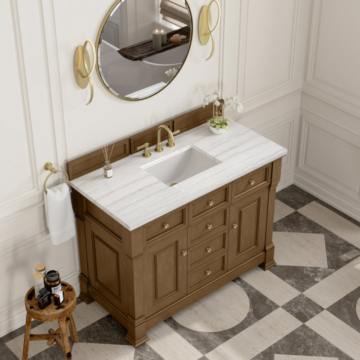 Brookfield 48" Single Vanity, Honey Oak w/ 3 CM Arctic Fall Solid Surface Top