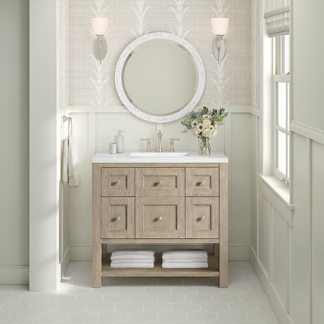Breckenridge 36" Single Vanity, Whitewashed Oak w/ 3 CM Arctic Fall Solid Surface Top