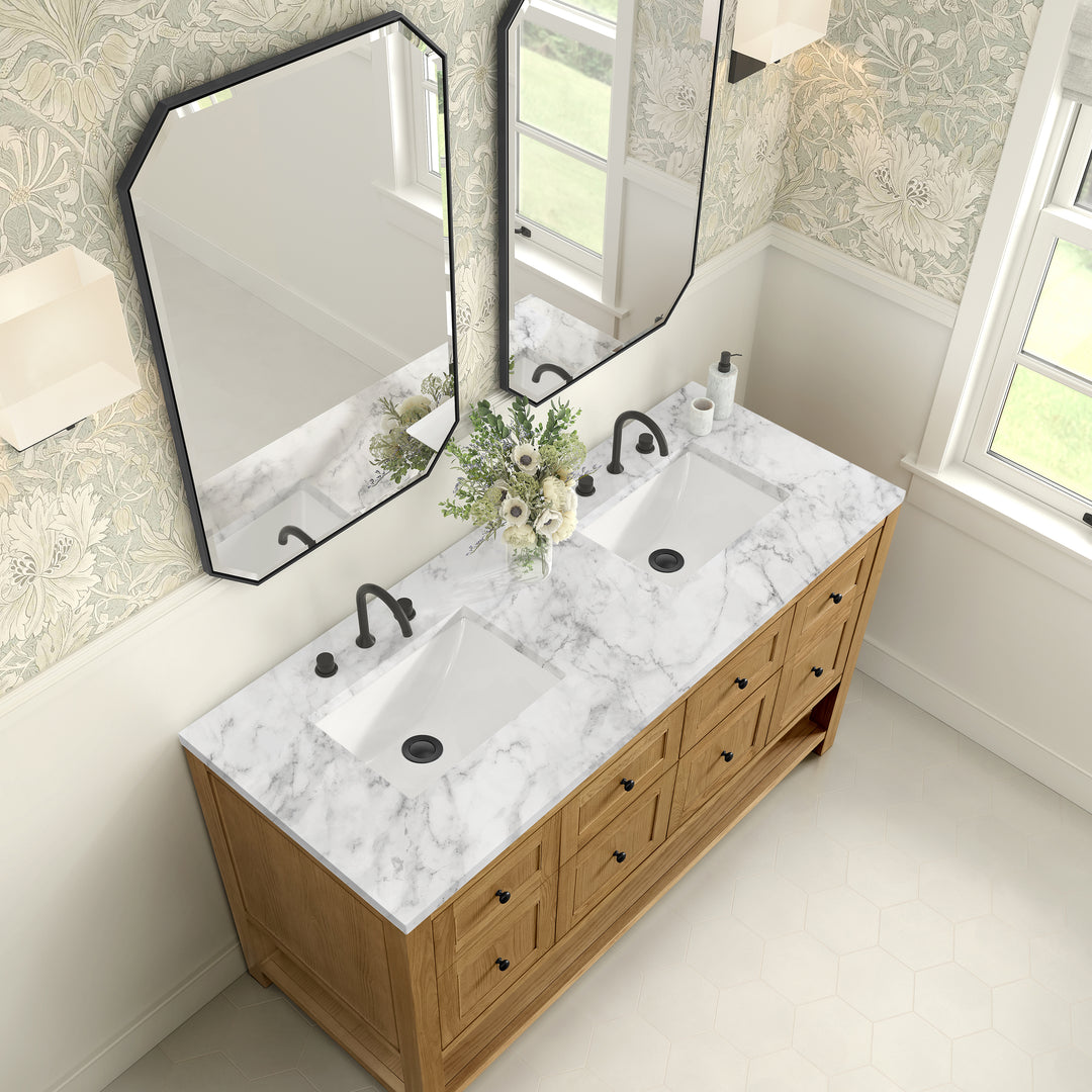 Breckenridge 60" Double Vanity, Light Natural Oak, w/ 3 CM Carrara Marble Top