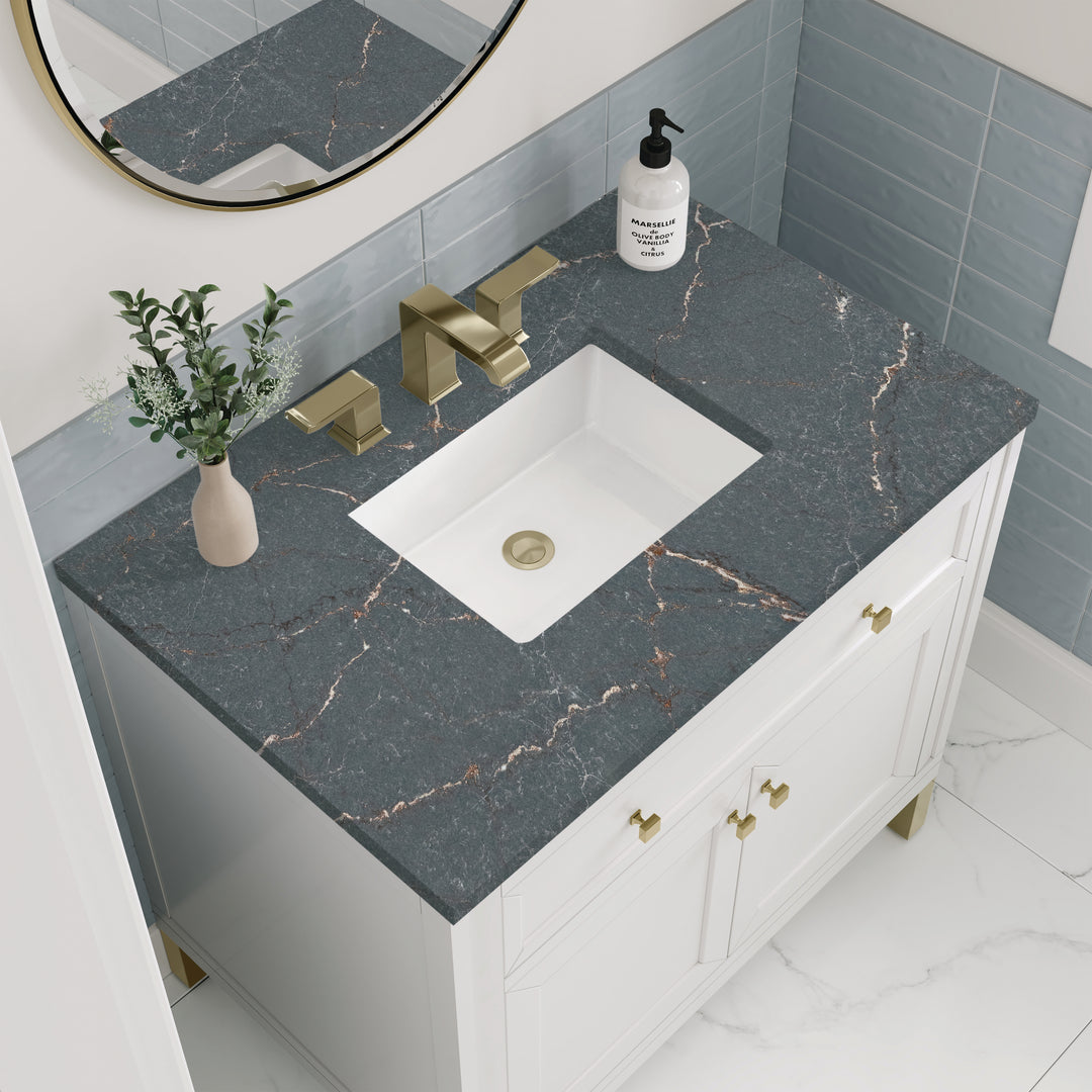 Chicago 36" Single Vanity, Glossy White, w/ 3 CM Parisien Bleu Silestone® Top