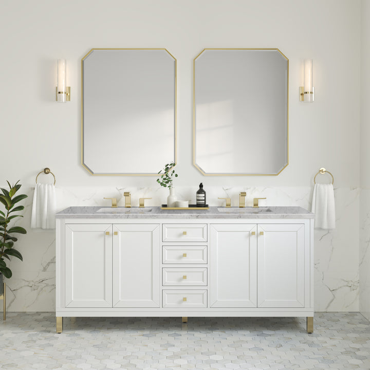 Chicago 72" Double Vanity, Glossy White, w/ 3 CM Eternal Jasmine Pearl Silestone® Top