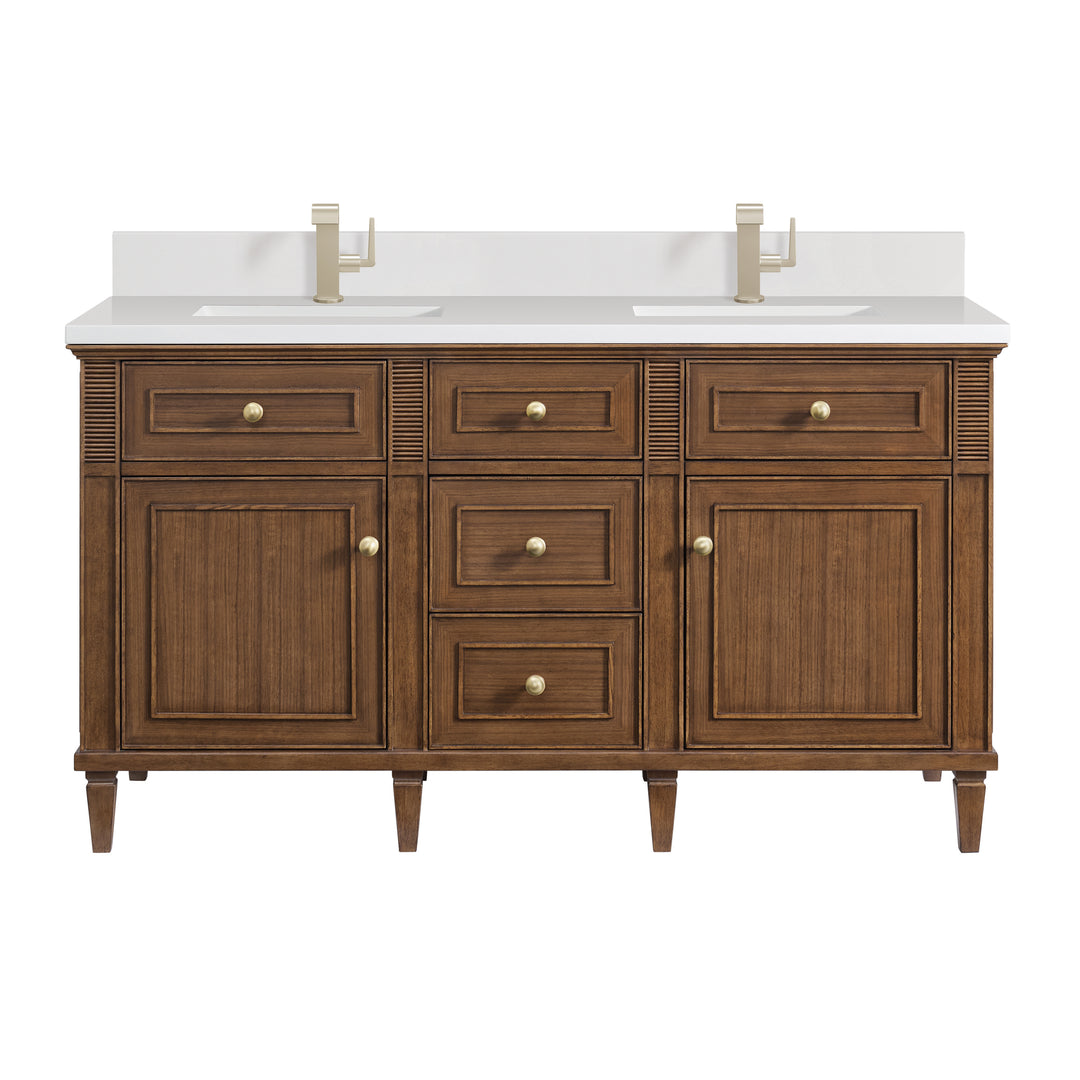 Lorelai 60" Double Vanity, Mid-Century Walnut w/ Single Hole 3 CM White Zeus Silestone Top & Backsplash