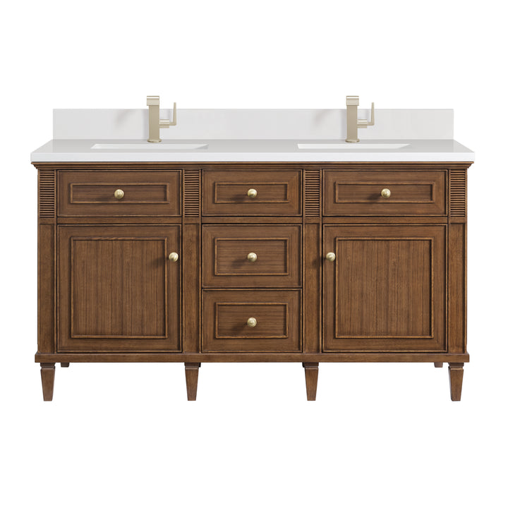 Lorelai 60" Double Vanity, Mid-Century Walnut w/ Single Hole 3 CM White Zeus Silestone Top & Backsplash