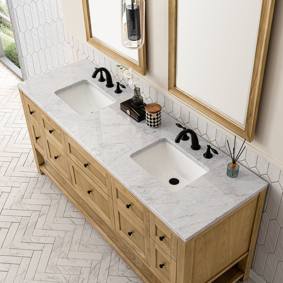 Breckenridge 72" Double Vanity, Light Natural Oak w/ 3 CM Carrara Marble Top