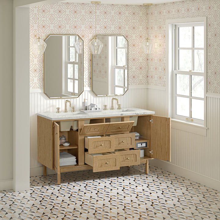 Laurent 60" Double Vanity, Light Natural Oak, w/ 3 CM Victorian Silver Quartz Top