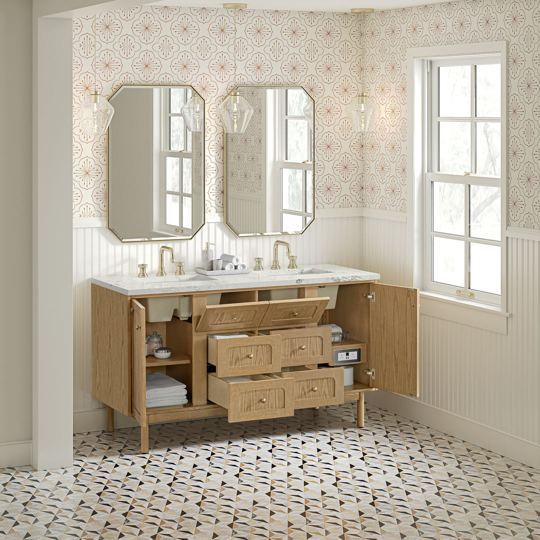 Laurent 60" Double Vanity, Light Natural Oak, w/ 3 CM Victorian Silver Quartz Top w/FreePower Wireless Charger