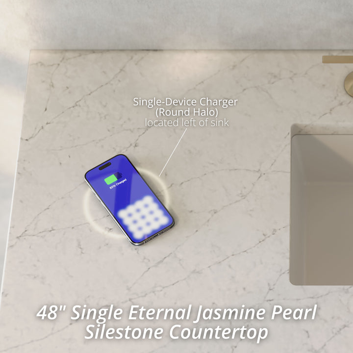 Lorelai 48" Single Vanity, Whitewashed Oak w/ 3 CM Eternal Jasmine Pearl Silestone Top w/FreePower Wireless Charger