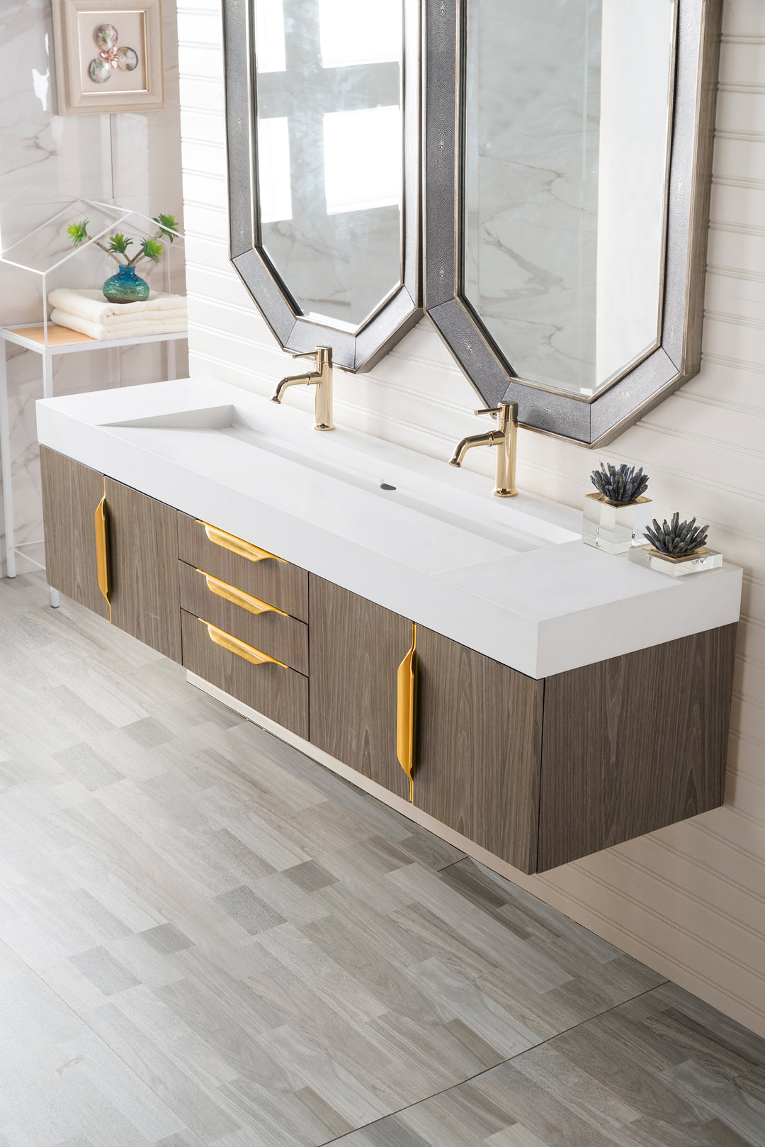 Columbia 72" Double Wall Mount Vanity, Ash Gray, Radiant Gold w/ Glossy White Composite Stone Top