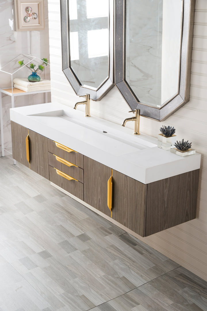Columbia 72" Double Wall Mount Vanity, Ash Gray, Radiant Gold w/ Glossy White Composite Stone Top