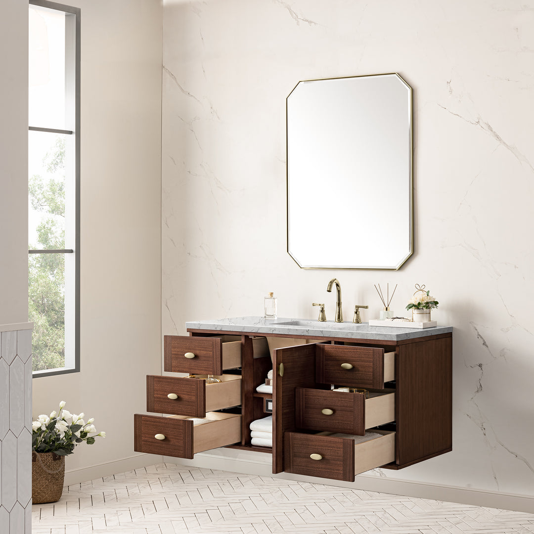 Amberly 48" Single Vanity, Mid-Century Walnut w/ 3 CM Eternal Jasmine Pearl Top w/FreePower Wireless Charger