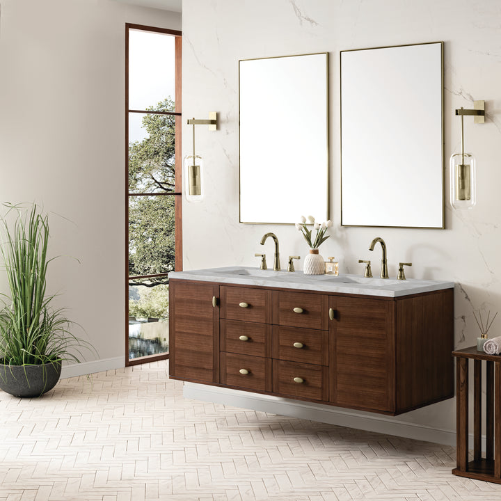 Amberly 60" Double Vanity, Mid-Century Walnut w/ 3 CM Victorian Silver Top w/FreePower Wireless Charger