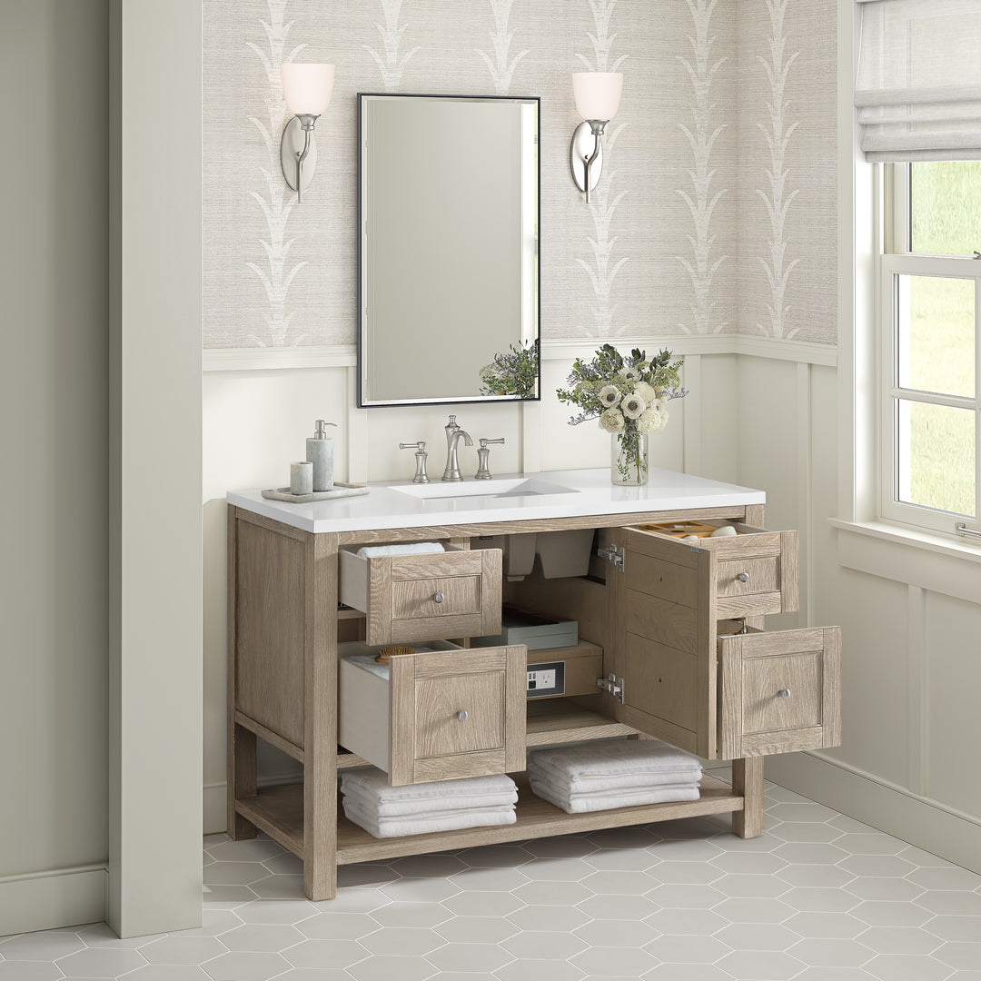 Breckenridge 48" Single Vanity, Whitewashed Oak w/ 3 CM White Zeus Silestone Top