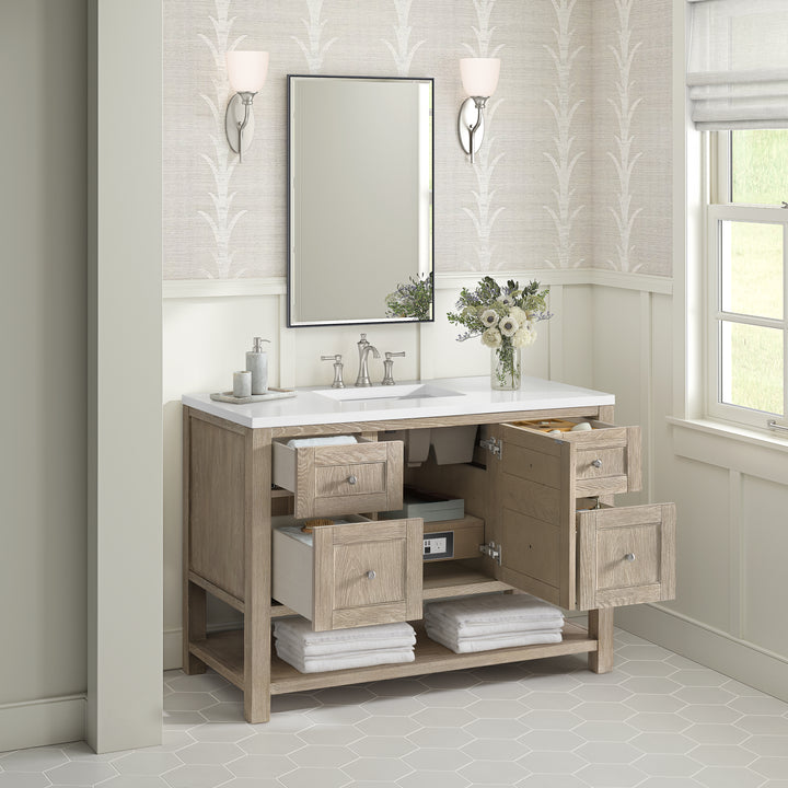 Breckenridge 48" Single Vanity, Whitewashed Oak w/ 3 CM White Zeus Silestone Top