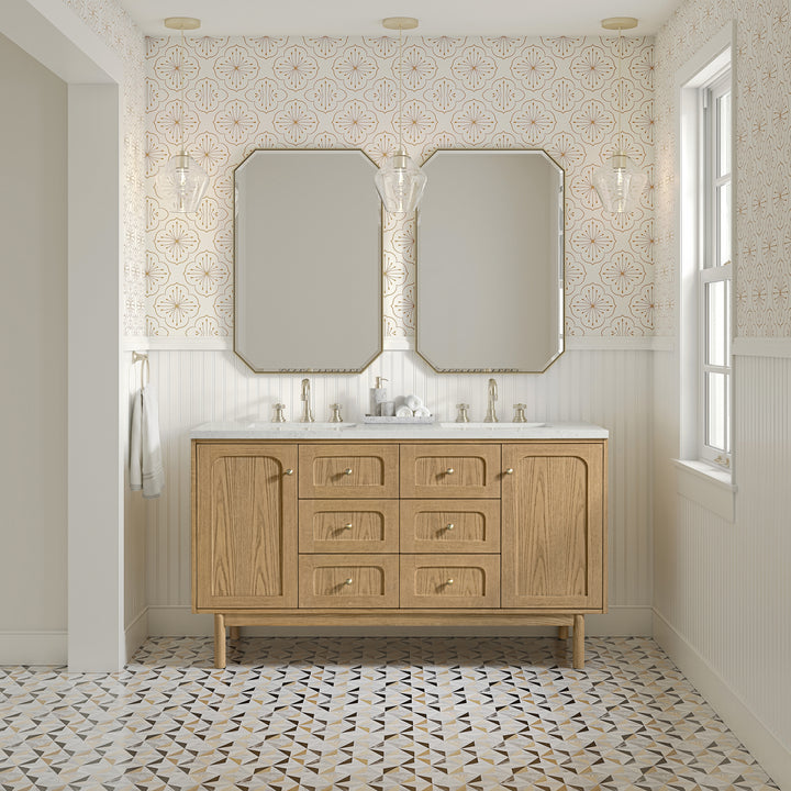 Laurent 60" Double Vanity, Light Natural Oak, w/ 3 CM Lime Delight Quartz Top