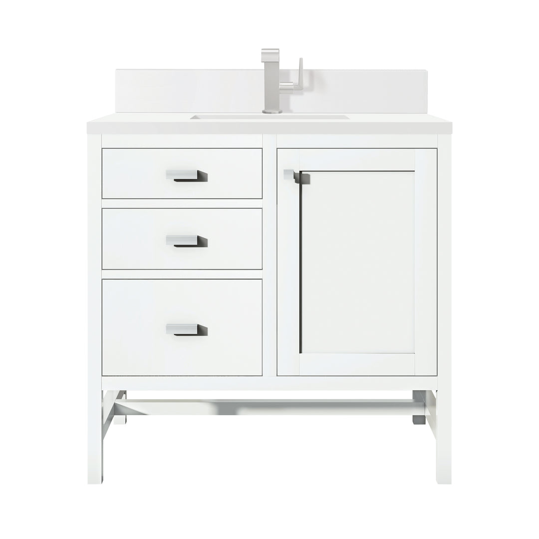 Addison 36" Single Vanity, Glossy White w/ Single Hole 3 CM White Zeus Silestone Top & Backsplash